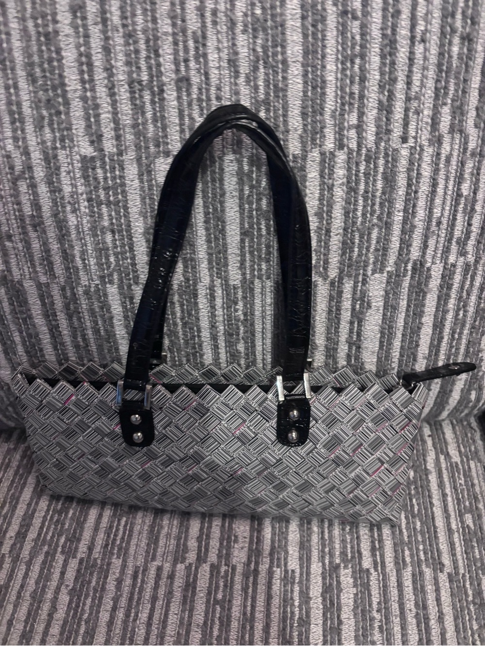 Woven Metallic Black Shoulder Bag with Black Handles